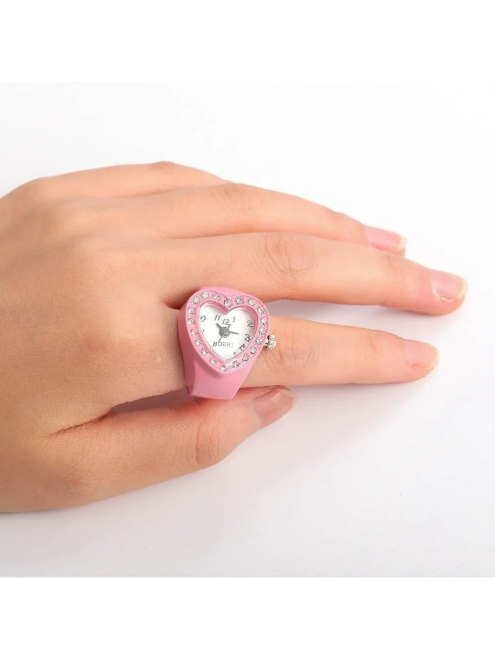 Unisex Pink Analog Quartz Easy Read Adjustable Modern Heart Finger Ring Watch